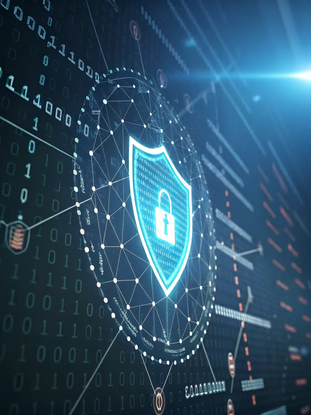 A digital illustration of a shield composed of binary code, representing cybersecurity protection for Tuamata's services.