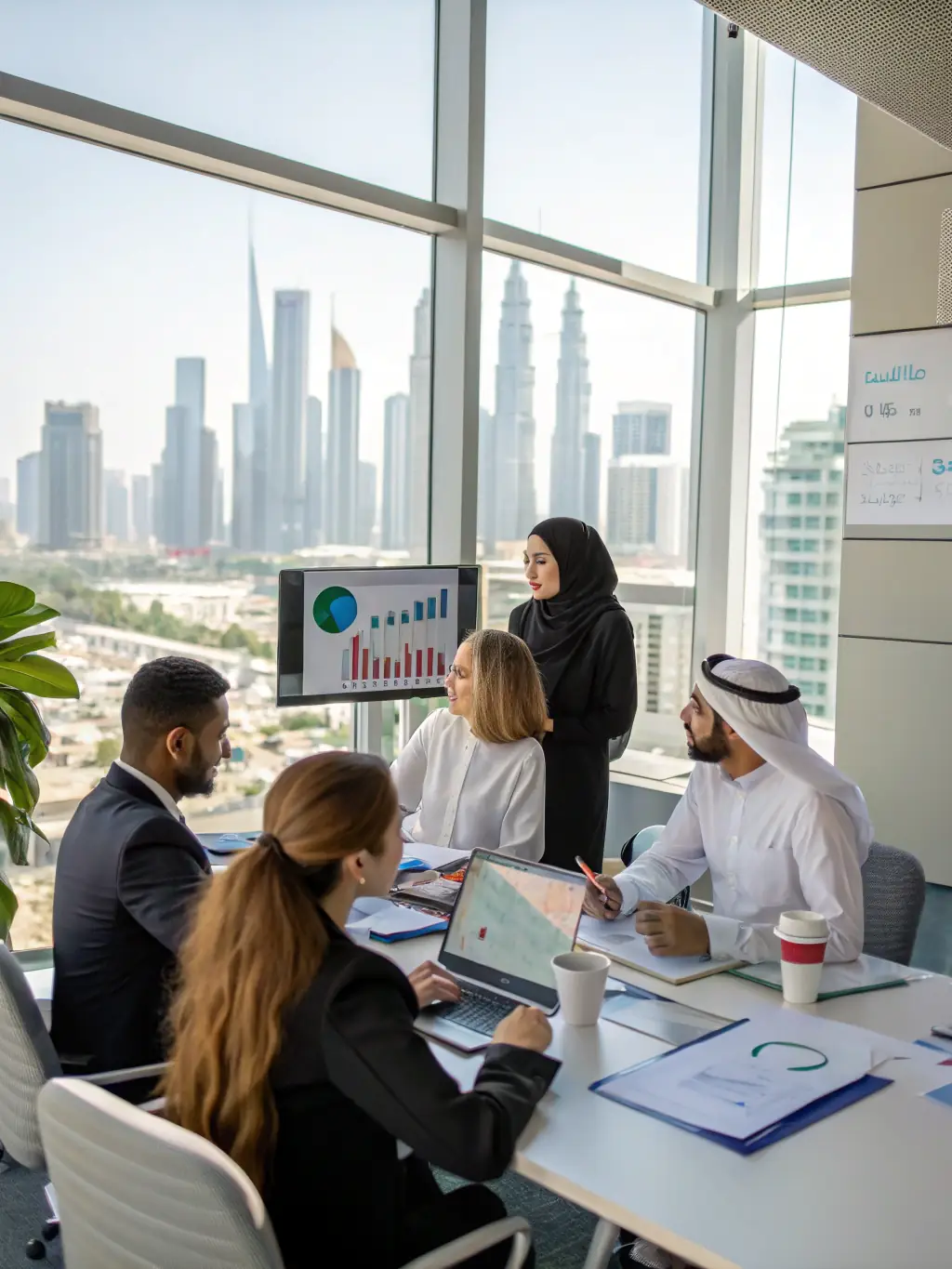 A photograph of a diverse team of business consultants collaborating around a table, reviewing charts and graphs, symbolizing strategic planning.
