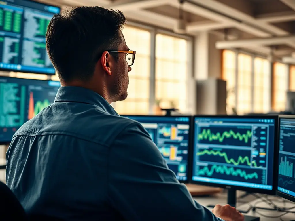 A network security engineer analyzing network traffic for anomalies in a modern security operations center, with multiple screens displaying real-time data visualizations.