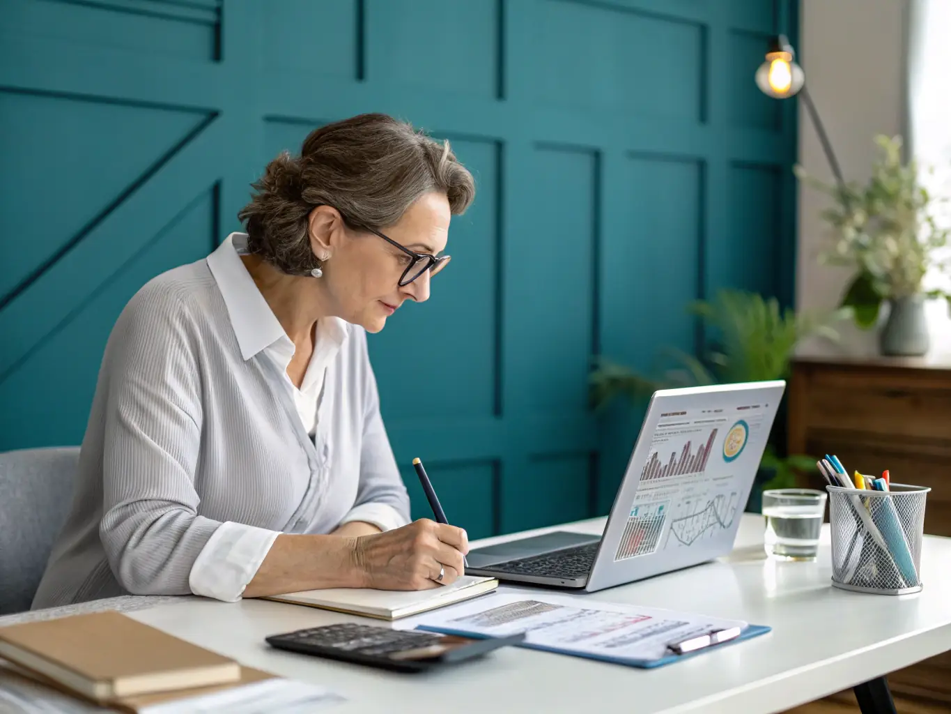 A consultant in a modern office setting, reviewing financial documents and discussing strategies with a client, with charts and graphs visible in the background.