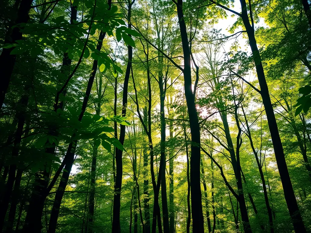 A lush green forest with sunlight filtering through the trees, symbolizing environmental sustainability and carbon offsetting initiatives.
