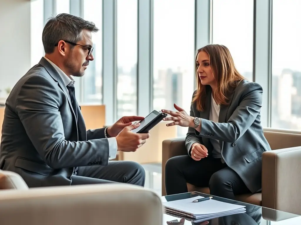 A consultant is advising a business executive in a modern office setting, discussing strategies for commercial acceleration and M&A readiness.